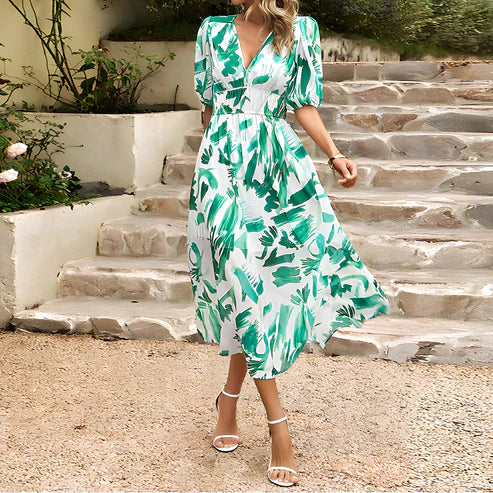 Abstract Floral Print Puff Sleeve Smocked Waist A-Line Midi Dress