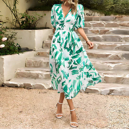 Abstract Floral Print Puff Sleeve Smocked Waist A-Line Midi Dress