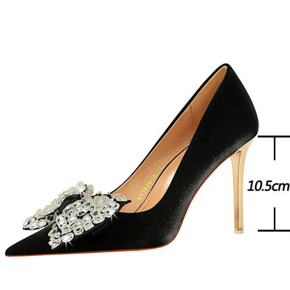 Women Pumps Rhinestone Bow High Heels in Silks and Satins
