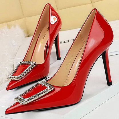 Rhinestone Metal Buckle High Heels Patent Leather Women Pumps