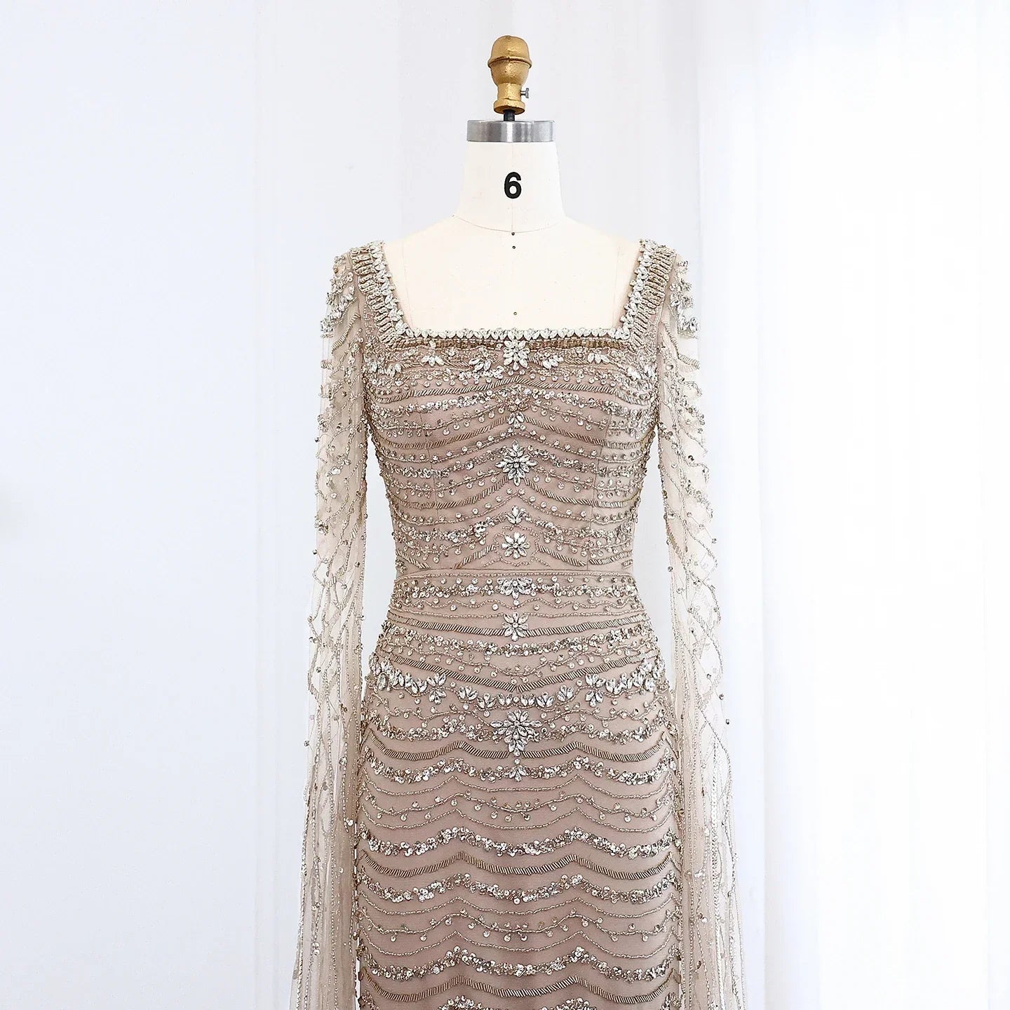Caramel Square Neck Mermaid Evening Dress Cape Sleeves