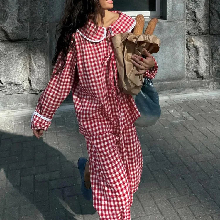 Red Plaid Wide Leg Pants Sets Women Long Sleeve Lace-up Blouse+Elastic Waist Trouser Chic Casual Lace Trim 2 Piece Set 2025 New