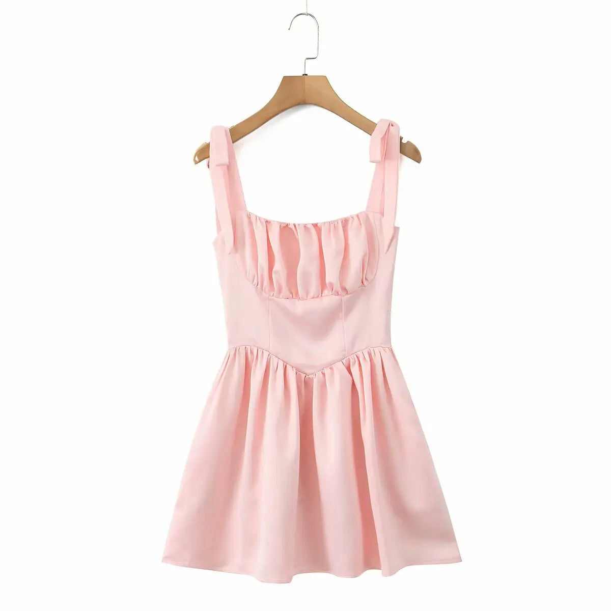 Tie Shoulder Lace Up Back Pleated Skater Mini Dress