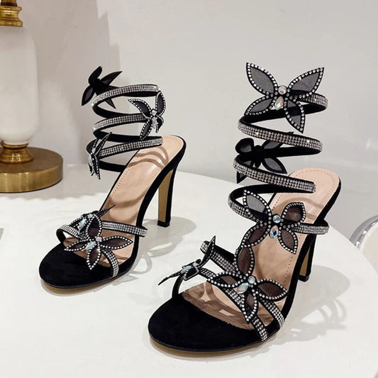Crystal Butterfly Open Toe Thin High Heels