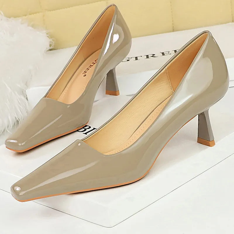 Patent Leather Kitten Heels Square Head Woman Pumps Occupational OL High Heels