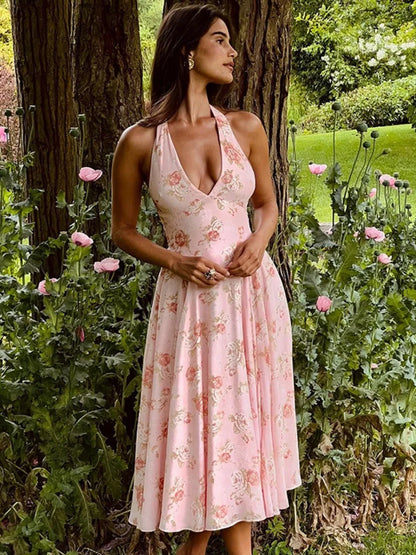 Deep V-neck Sleeveless Backless Slim Waist Vacation Dress