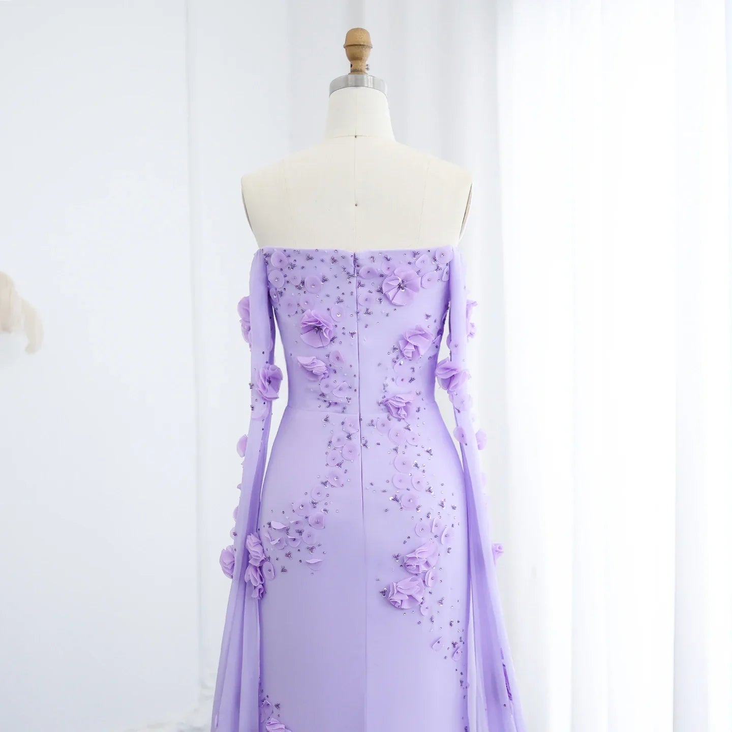 Off-Shoulder Lilac 3D Flowers Evening Dress with Cape Sleeves