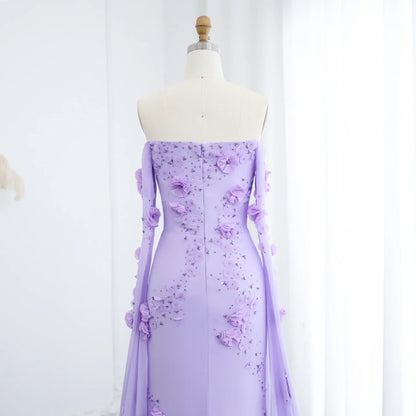 Off-Shoulder Lilac 3D Flowers Evening Dress with Cape Sleeves
