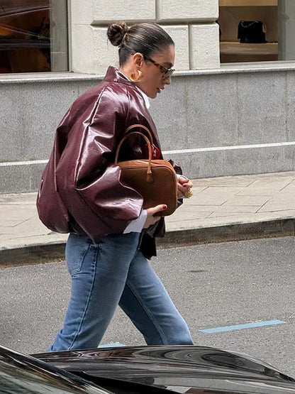 Lady Retro Solid Color Stand Up Collar Pilot Jacket Fashion New Long Sleeved Zipper Jackets High Street Women Commuter Coat
