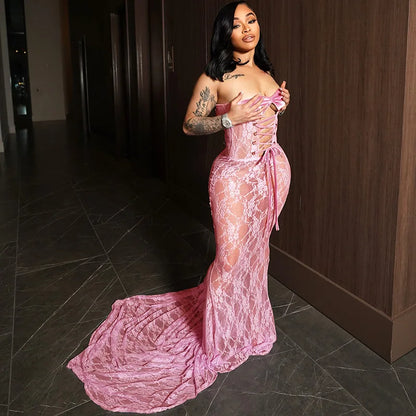 Lace Up Hollow Out Corset Tube Maxi Dress