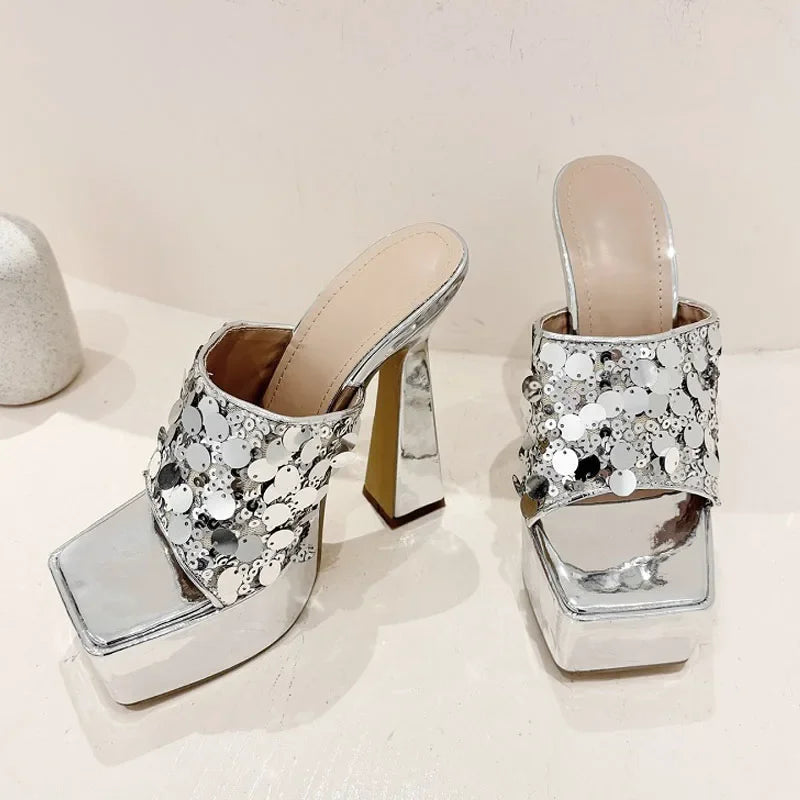 Silver Sequin Cloth Open Toe Platform High Heels Sandals for Women