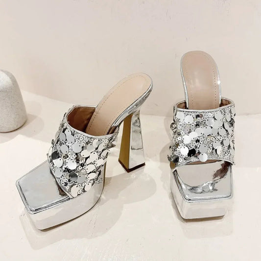 Silver Sequin Cloth Open Toe Platform High Heels Sandals for Women