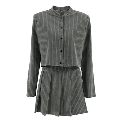 Women Striped Skirt Set Stand Collar Single Breasted Top High Waist Pleated Skirts 2024 Summer Fall New Fashion Lady Office Suit