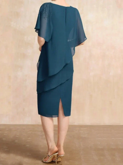 Asymmetric Beaded Shoulder Cape Sleeve Tiered Chiffon Knee Length Dress