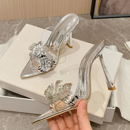 PVC Transparent Flower Pointed Toe Thin Heel Slippers for Summer