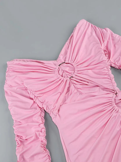 Pink Hollow Out Long Sleeved V-Neck Mini Dress