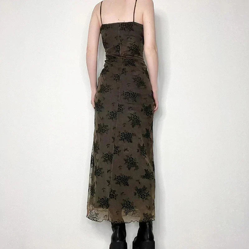 Floral Print Spaghetti Strap Lettuce-Hem Mesh Maxi Dress