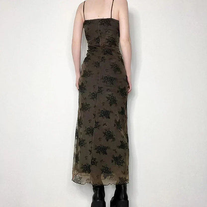 Floral Print Spaghetti Strap Lettuce-Hem Mesh Maxi Dress