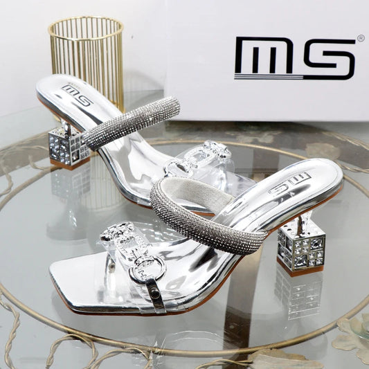 Transparent belt with metal decoration and box-shaped square Alien heel high heels