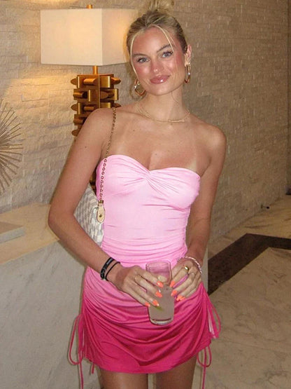 Gradient Ruched Strapless Mini Dress