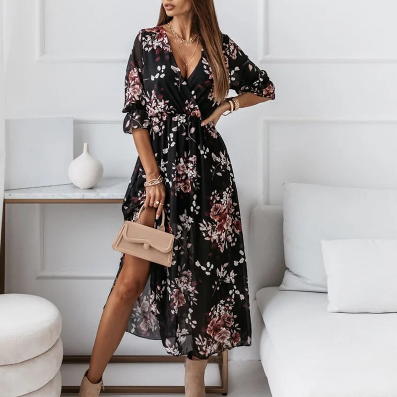 Wrap V-Neck Three Quarter Sleeve Print High Slit Maxi Dress