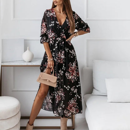 Wrap V-Neck Three Quarter Sleeve Print High Slit Maxi Dress