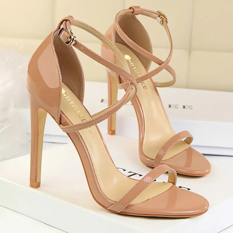 Open Toe High Heels Patent Leather Women Stiletto 11cm 7.5cm