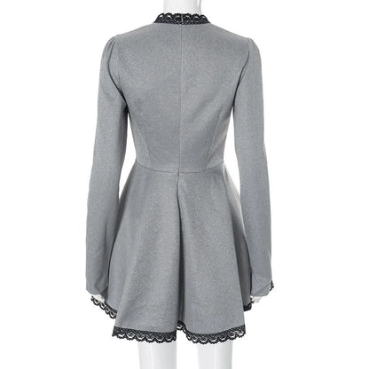 Patchwork Gray Long Sleeve A-line Mini Dress