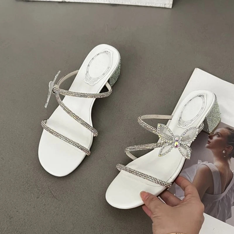 Glitter Rhinestones Bowknot Women Slippers with Crystal Narrow Low Heels