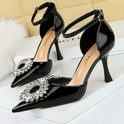 Rhinestone High Heel Buckle Pumps in Patent Leather for Women - Sexy Party Shoes