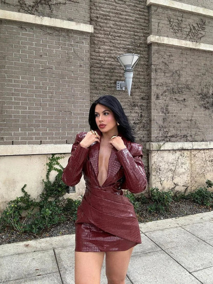 Plunging V-Neck Crocodile Embossed Long Sleeve Wrap Asymmetrical Mini Dress