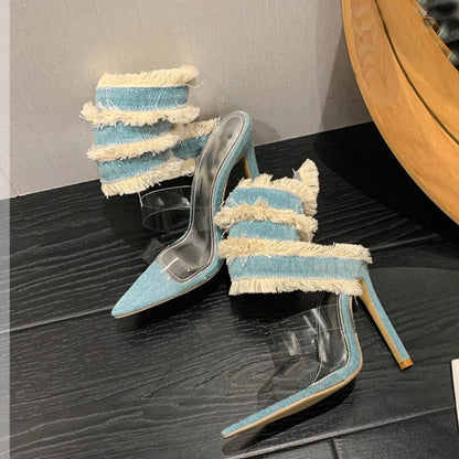 Denim Ankle Sandal with Snake Surround Strap for Women