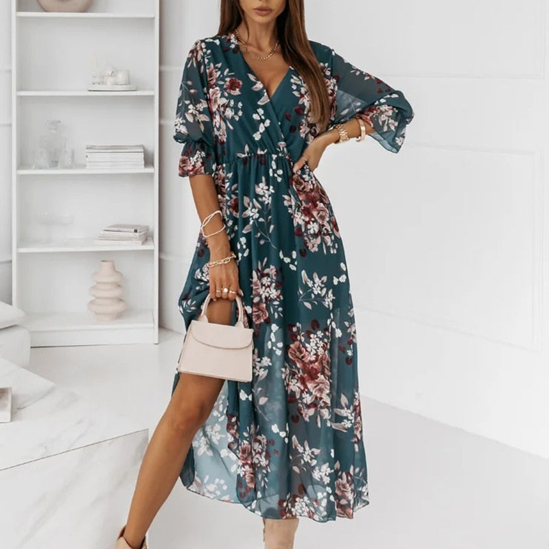 Wrap V-Neck Three Quarter Sleeve Print High Slit Maxi Dress