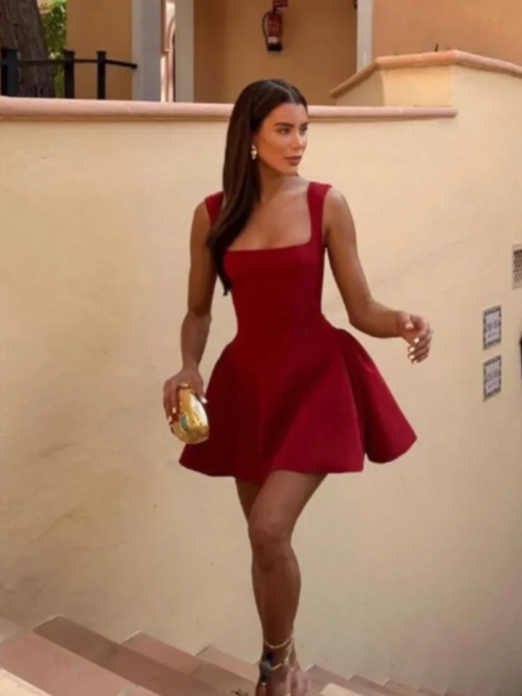 Square Neck Pleated Fit-and-Flare Bubble Hem Mini Dress
