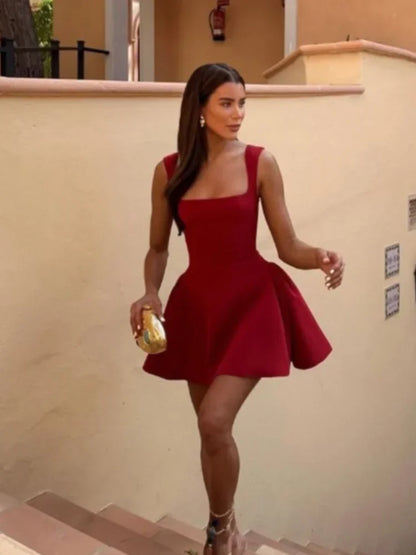 Square Neck Pleated Fit-and-Flare Bubble Hem Mini Dress