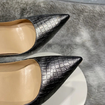 Grey Crocodile Effect Pointy Toe High Heel Party Dress Wedding Shoes for Women