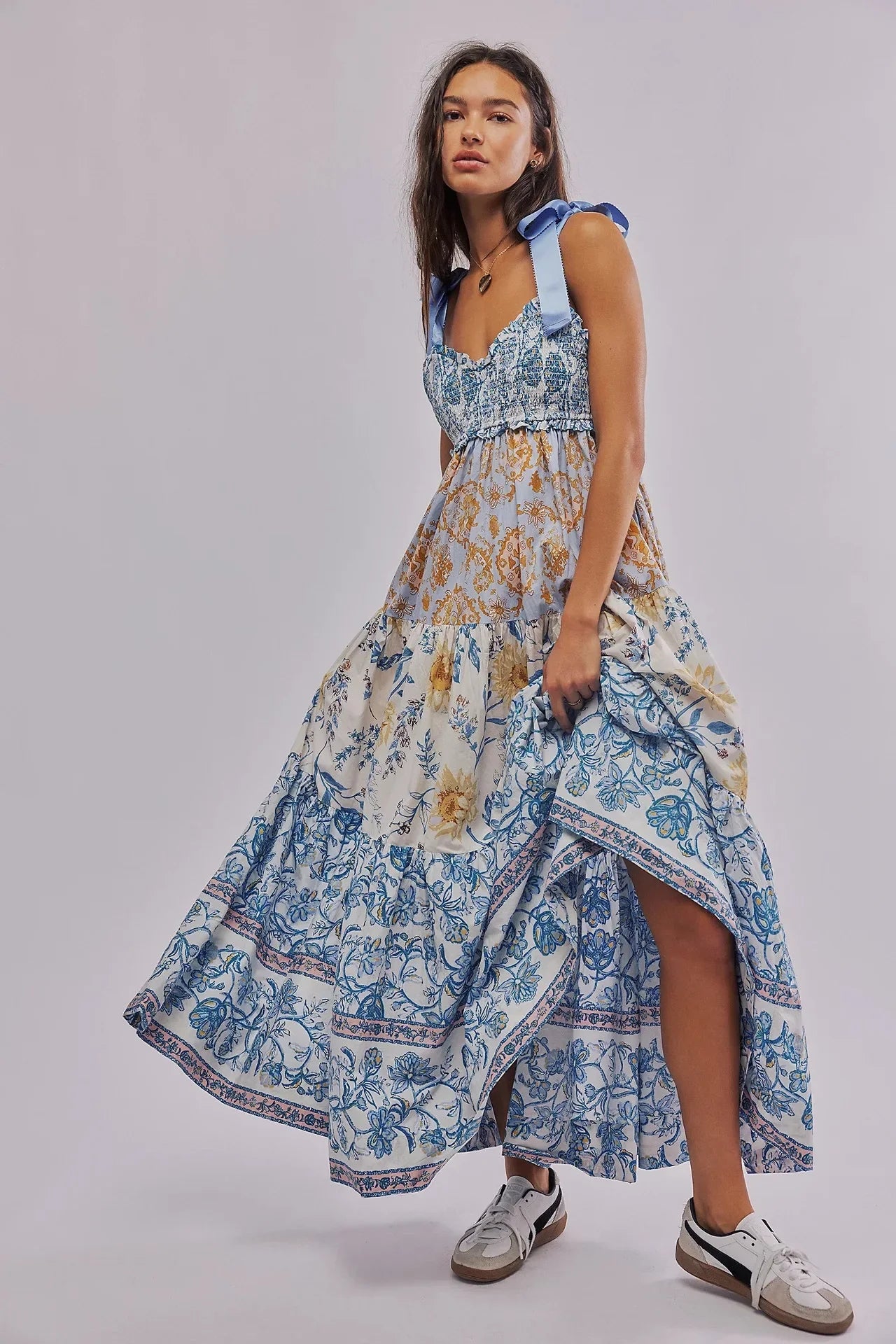 Shirring Chest Strap Floral Sleeveless Boho Dress