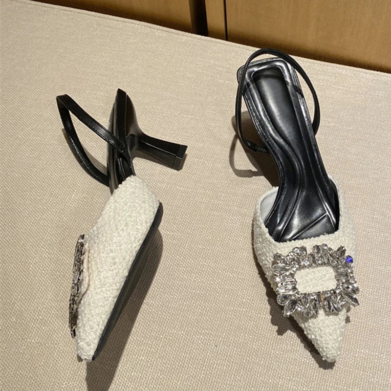 Crystal Buckle Pointed Toe Low Thin Heels Wedding Prom Shoes