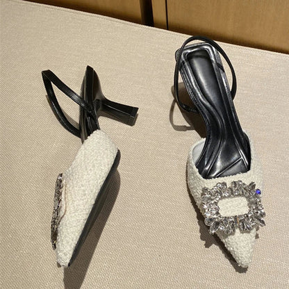 Crystal Buckle Pointed Toe Low Thin Heels Wedding Prom Shoes