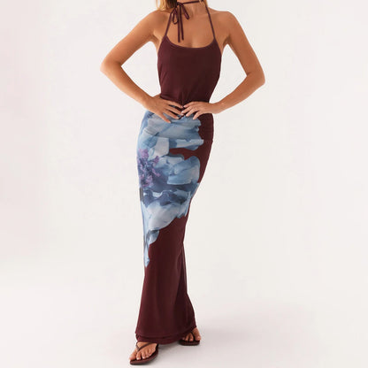 Open Back Floral Halter Slip Vacation Dress