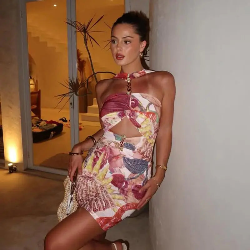 Hollow Out Printing Halter Mini Dress