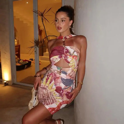 Hollow Out Printing Halter Mini Dress