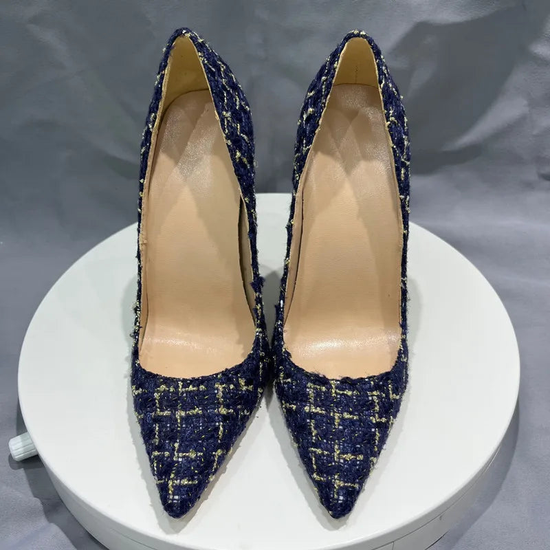 Navy Blue Plaid Pointy Toe High Heel Stiletto Pumps for Women