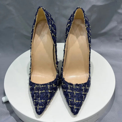 Navy Blue Plaid Pointy Toe High Heel Stiletto Pumps for Women