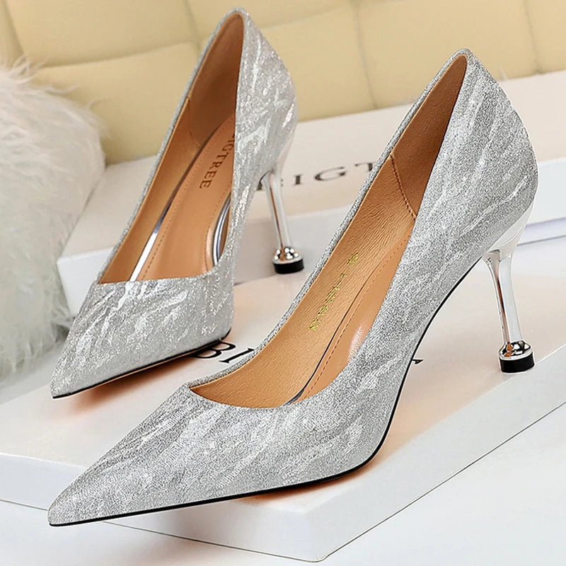 Silver Champagne Sequins Stiletto Wedding Shoes Women High Heels