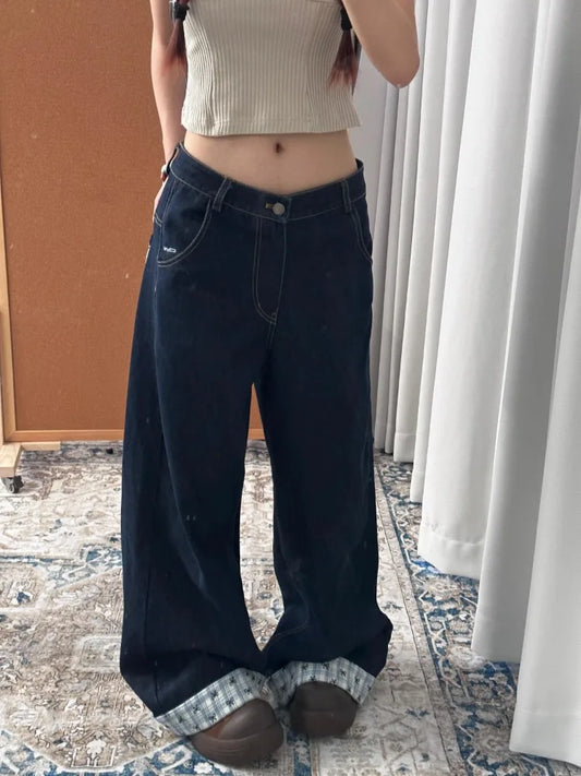 Y2k Embroidery Baggy Jeans Women Vintage Plaid Patchwork Denim Trousers Harajuku Korean Sweet Oversized Jeans Cutecore