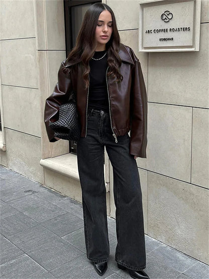 PU Patchwork Slim Zipper Coat