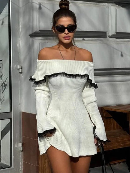 Off Shoulder Rib Knit Lace Trim Bell Cuff Mini Dress