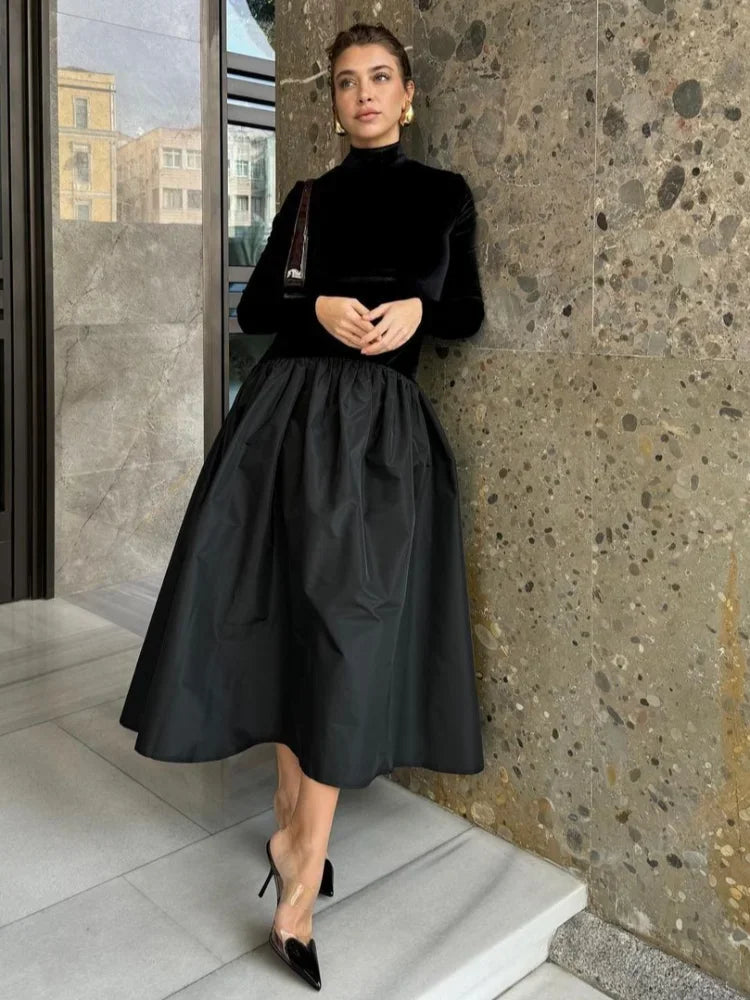 Mock Neck Long Sleeve Velvet Bodice Bubble Hem Midi Dress