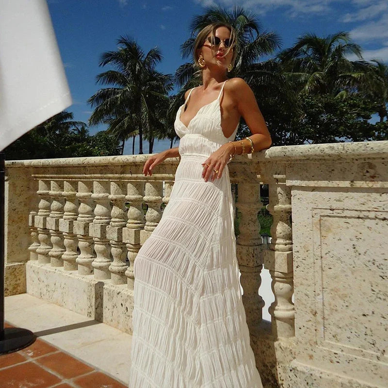 Deep V Textured Cami Slip Vacation Dress